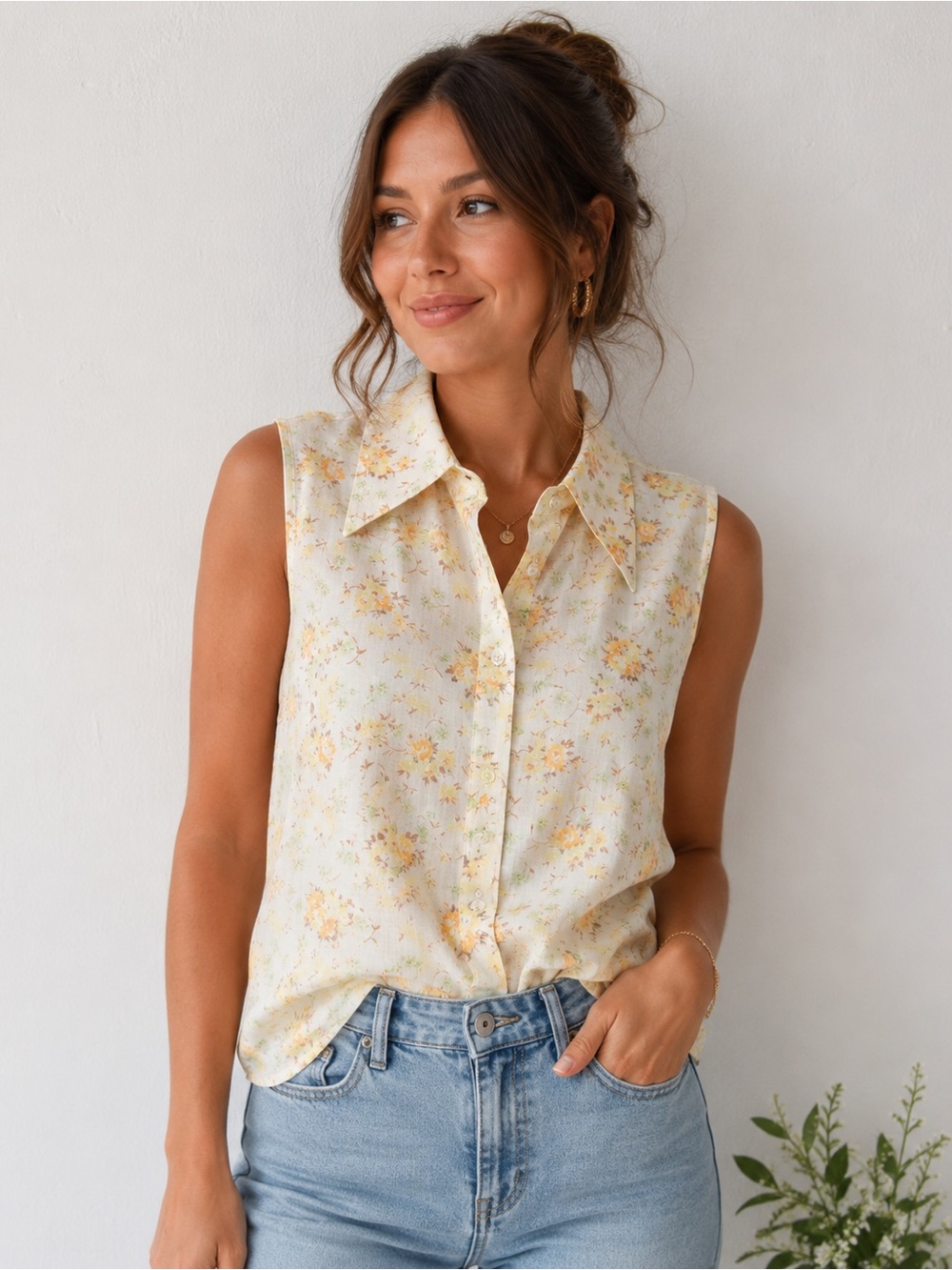 Vintage JC Penney Fashion Floral Sleeveless Button Up Blouse‎